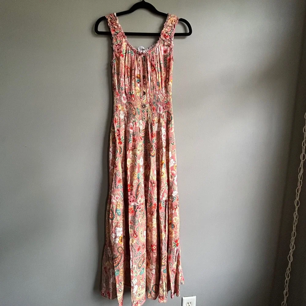 OSTOO Women‎ Pink Floral Paisley Smocked Waist Tiered Maxi Dress Small
